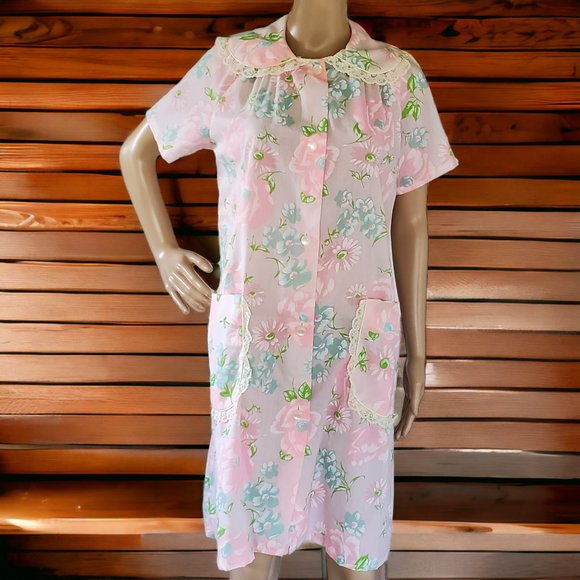 Vintage Pink Floral Patio House Lounge Dress Women's Small Pockets Button USA - Picture 3 of 14